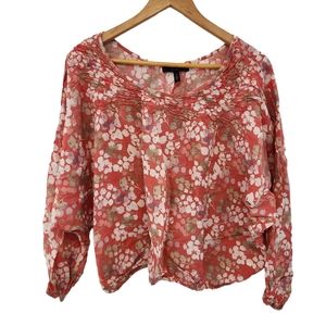 Jessica Simpson Women's Top Floral Smocked  Elastic Waist Coral Color Blouse